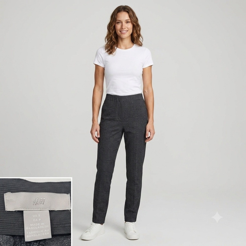 H&M Trousers Women Size S Grey Glen Check Plaid High Rise Slim Tapered Pants